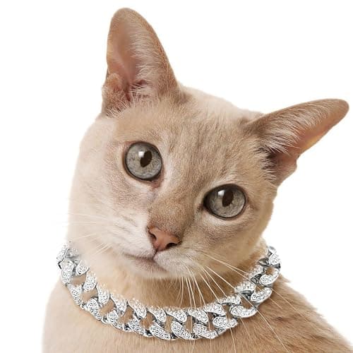Richhut Cuban Link Cat Chain Collar, Iced Out Breakaway Collars for Kitten in Luxury Silver Tone, 12" L-Size, Great Choices for Cat Enthusiasts, Decoration Only