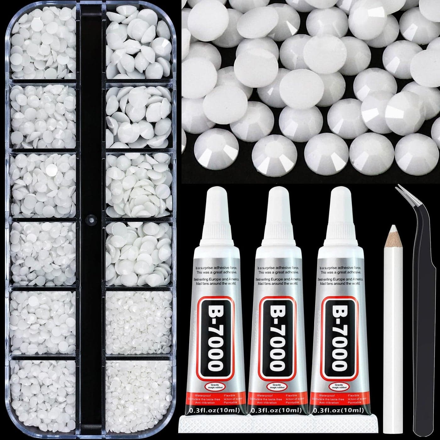 Towenm Rhinestone Bedazzler Kit with B7000 Glue 4000PCS Solid White Rhinestones for Crafts Clothes Shoes Glue Fix Flatback Gems for Nails Face Jewelry Mixed 5 Sizes 23456mm Bejeweled Kit