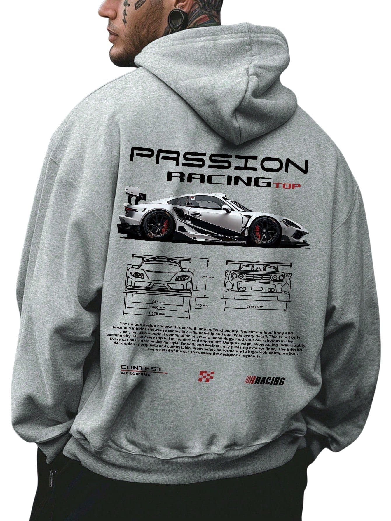 SXV STYLE Passion Racing Sports Hoodie, Grey, Car Blueprint Design, Contest Racing Series (in, Alpha, XL, Grey)