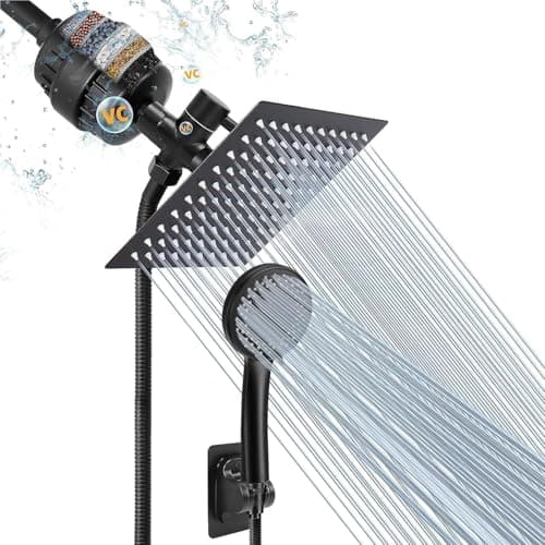NearMoon Filtered Rain Shower Head, High Pressure 8″Square, and 5 settings Handheld Shower Filter Combo with Self-adhesive Holder/1.5M Hose -1 Replaceable Filter Cartridge (Matte Black)