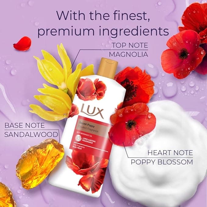 LUX Secret Poppy Body Wash with Bergamot Oil Gentle Soothing Shower Gel Nourishing Body Cleanser Aromatic Fragrance Bath Soap Pack of 1 600 ml
