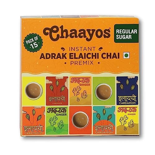 Chaayos Instant Tea Premix - Adrak Elaichi Flavour - Regular Sugar (22g * 15 Sachet) (Makes 150ml), Ginger Powder, Elaichi Powder, Premix Tea, Assam Tea, Desi Chai