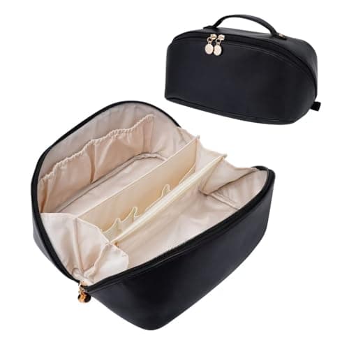 ETTP Large Capacity Cosmetic Bag for Women Waterproof PU Leather Makeup Bag for TravelToiletry Bag Make up Organizer with Divider and Handle Black