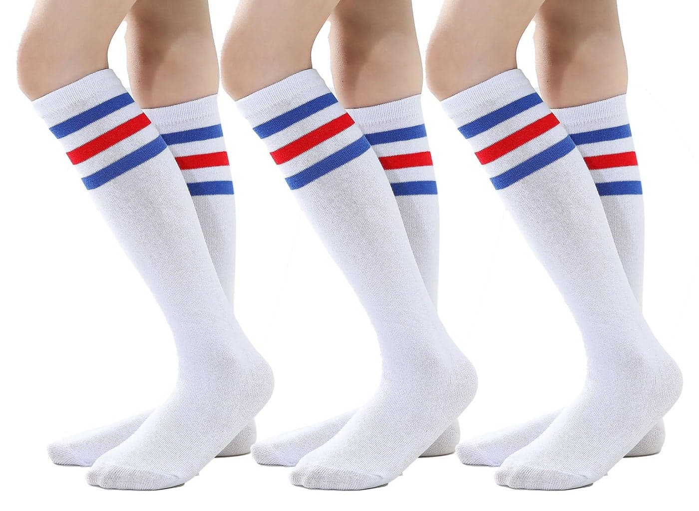 TOCONFFON Youth Soccer Socks Kids Boys Girls Baseball Outfit Knee High Softball Long Socks for Football Volleyball Athletic(Blue Stripe 3 Pairs,3-6)