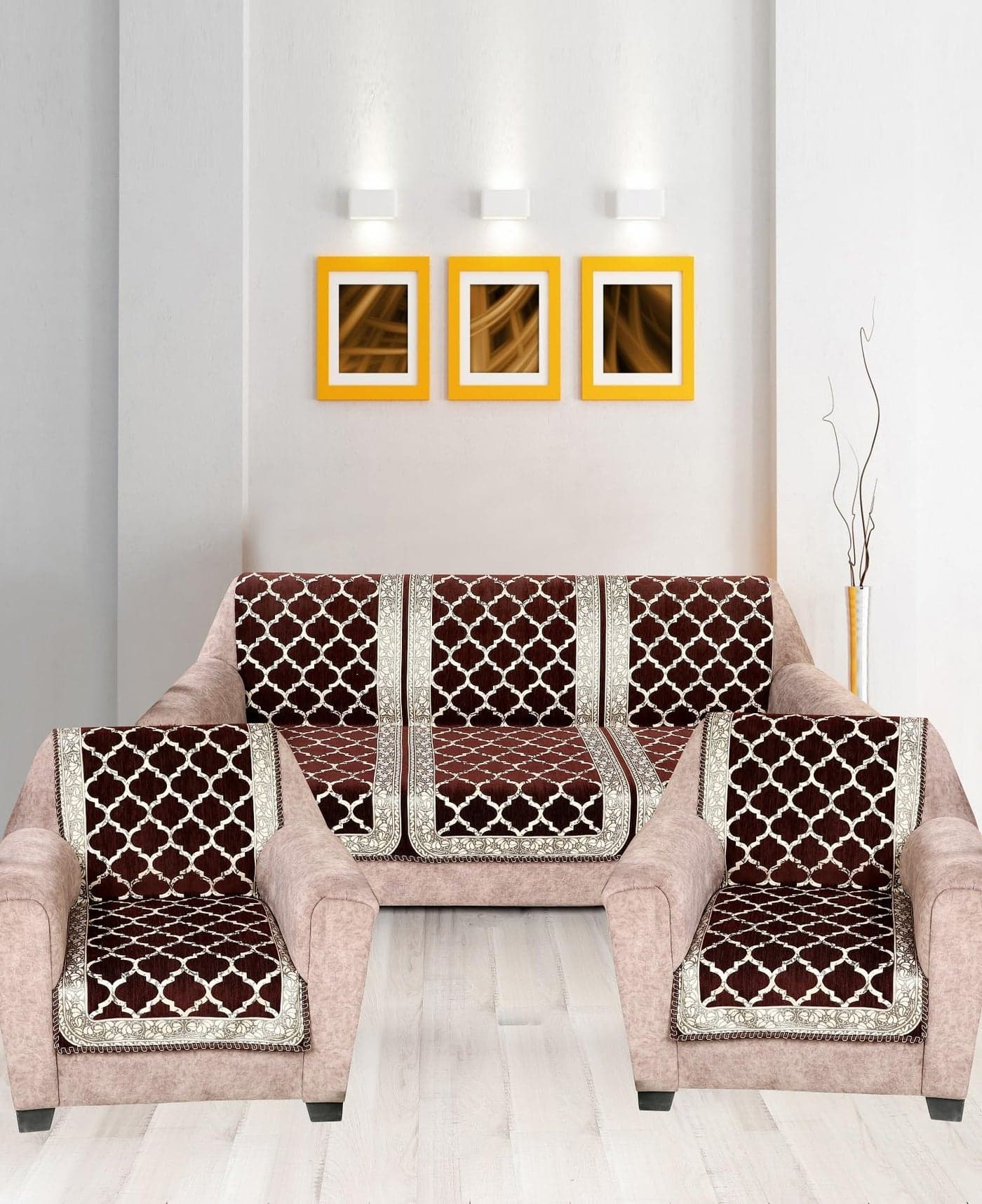 Nendle Modern Velvet Sofa Covers 3 Seater and 2 Seater Combined Sofa Seat and Back Cover|Anti-Slip Sofa Covers for Living Room (Brown, Pack of 3)