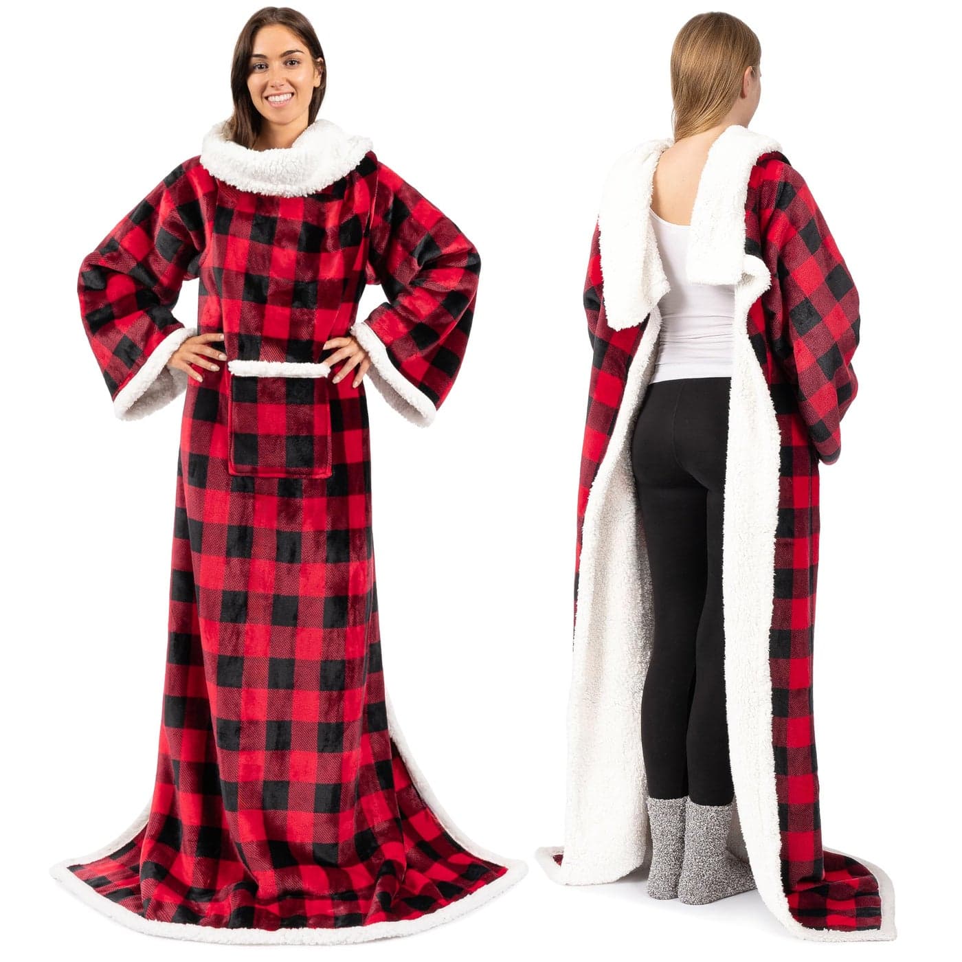 PAVILIA Sherpa Fleece Blanket with Sleeves Women Men Adult Wearable Blanket Warm Soft Plush Thick Snuggle Pocket Sleeved TV Throw Wrap Cozy Idea Mom Wife Checkered Red