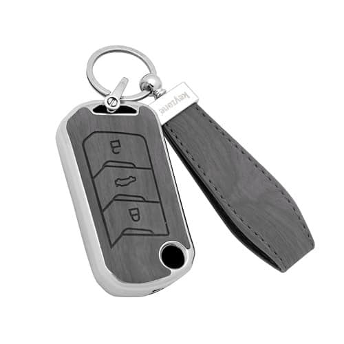 Keyzone Woodgrain TPU Key Cover & Keychain for Mahindra Thar, Bolero, Scorpio, XUV700, XUV400, XUV3x0, XUV300, TUV300, Marazzo Flip Key (Oak Grey)