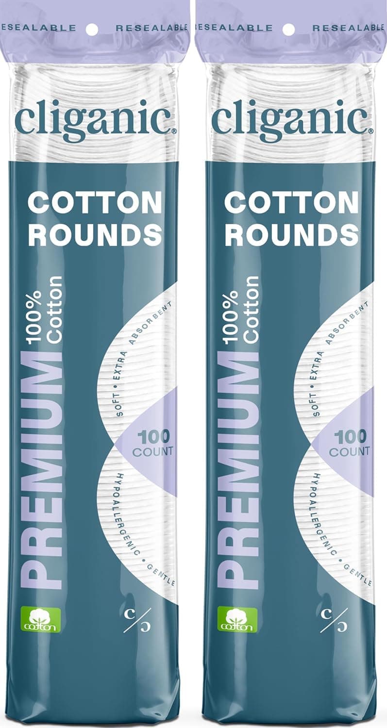 Cliganic Premium Cotton Rounds for Face (200 Count) | Makeup Remover Pads, Hypoallergenic, Lint-Free | 100% Pure Cotton (Packaging May Vary)