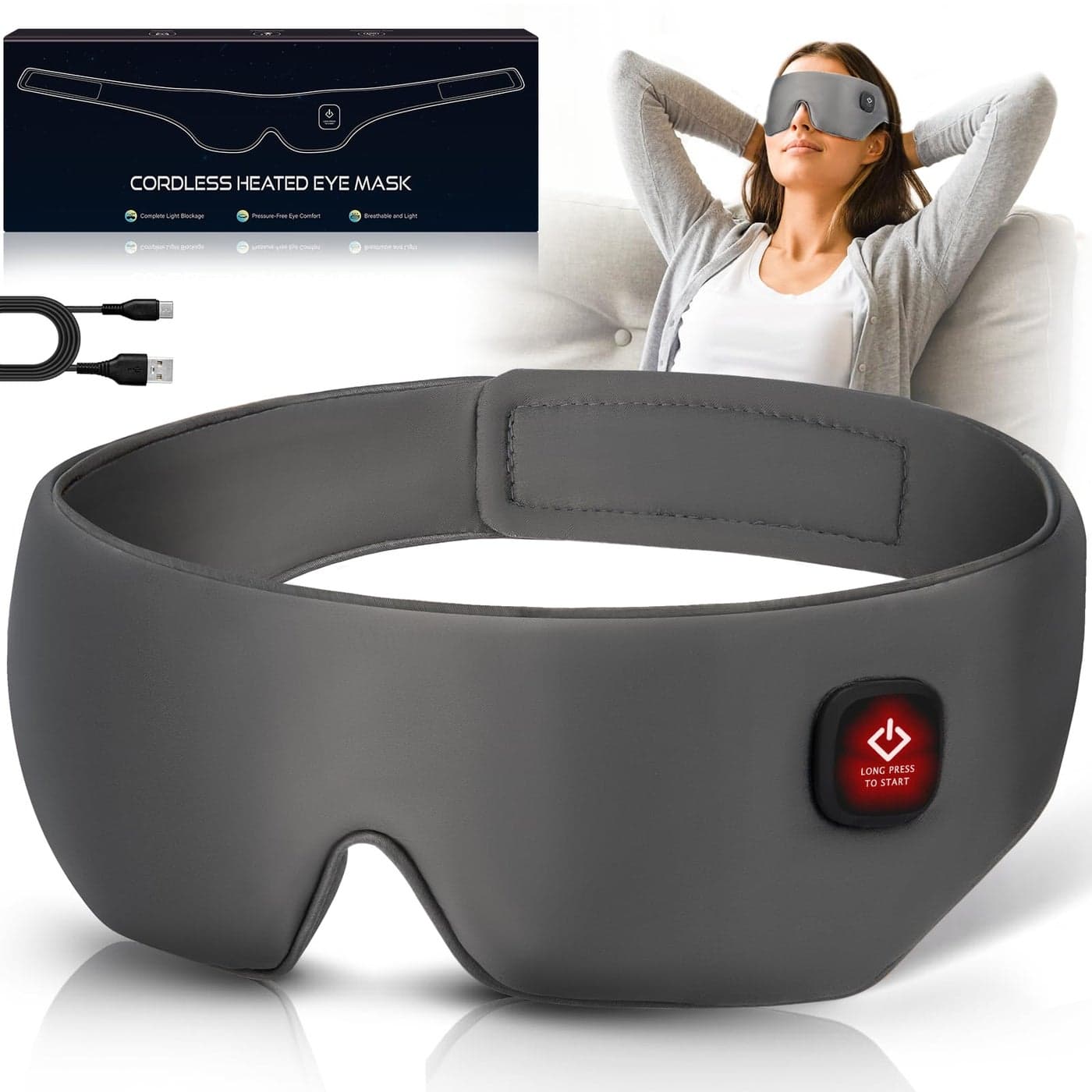 Silk Cordless Heated Eye Mask Washable Sleep Mask Warm Compress Mask Soft Pressure Free Shade Blindfold Electric Eye Heating Pad for Blepharitis Sinus Stye Gifts for Men Women Grey