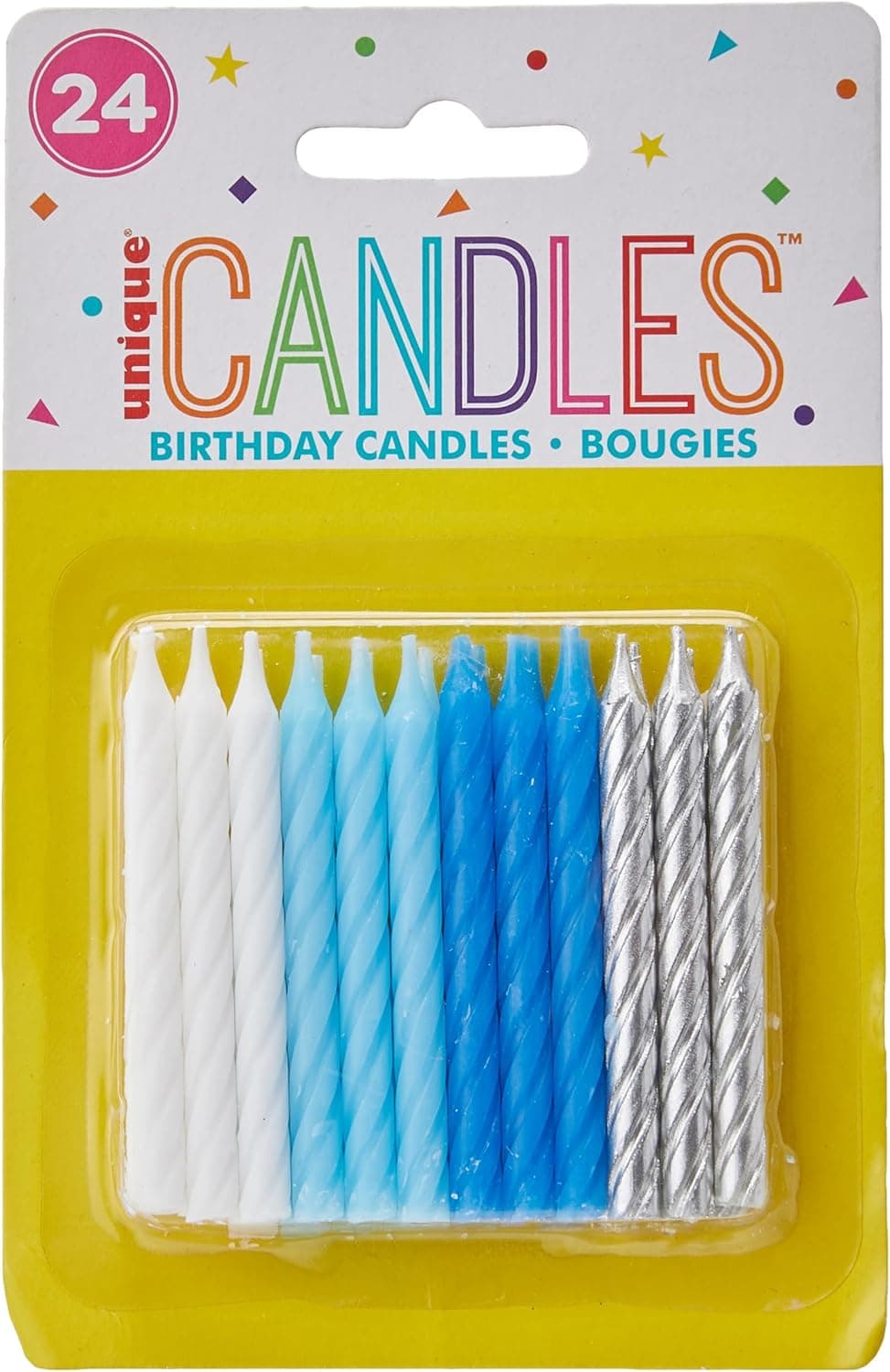 Vibrant Blue White Silver Spiral Birthday Candles Pack of 24 Premium Quality Dazzling Assorted Color Ideal for Birthday Celebrations