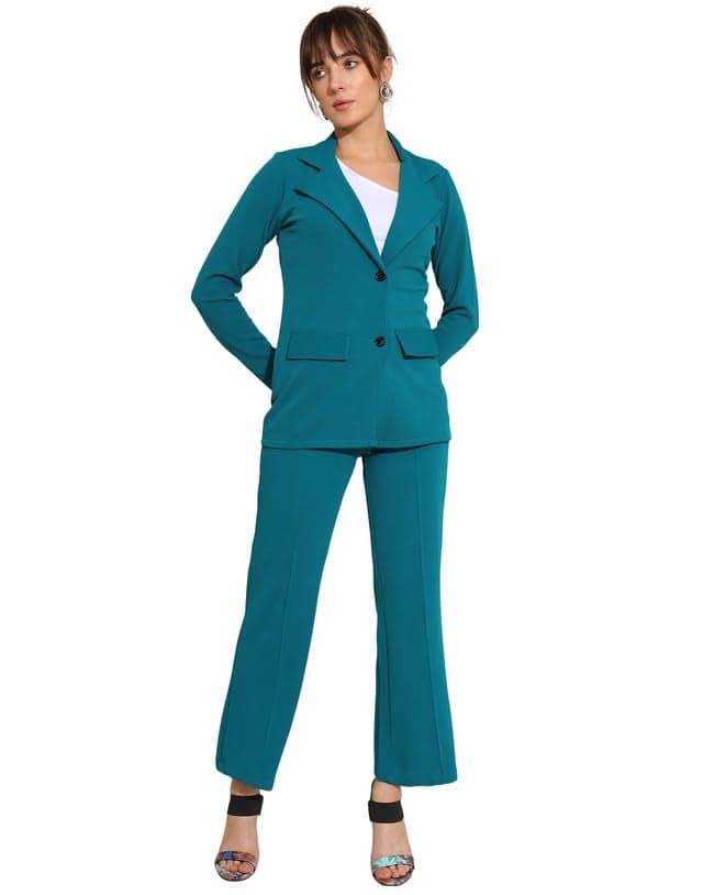 SIRIL Women's Co-ord Set Polyester Blazer and Trouser Pant Set, Office Wear Co ord Set (634CTK11258-XL_Teal Blue)