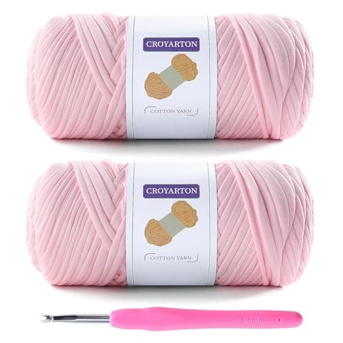 2 Pack T Shirt Yarn for Crocheting with 1 Crochet Hook, Elastic Tshirt Yarn for Crochet Bag/Baskets/Home Decor, Spaghetti Yarn Thick Knitting Yarn Total Length 130 Yds (Cherry Blossom Powder)