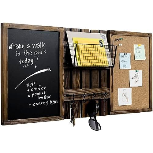 MyGift 3 Panel Wall Mounted Entryway Bulletin Board Combo Set with Rustic Burnt Solid Wood Frame with a Chalkboard Cork Board Black Metal Mail Basket and Hanging Rail