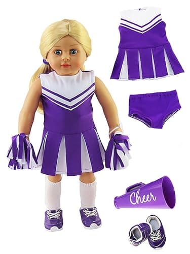 American Fashion World Purple Cheerleading Outfit for 18-Inch Dolls | Accessories Included | Premium Quality & Trendy Design | Dolls Clothes | Outfit Fashions for Dolls for Popular Brands