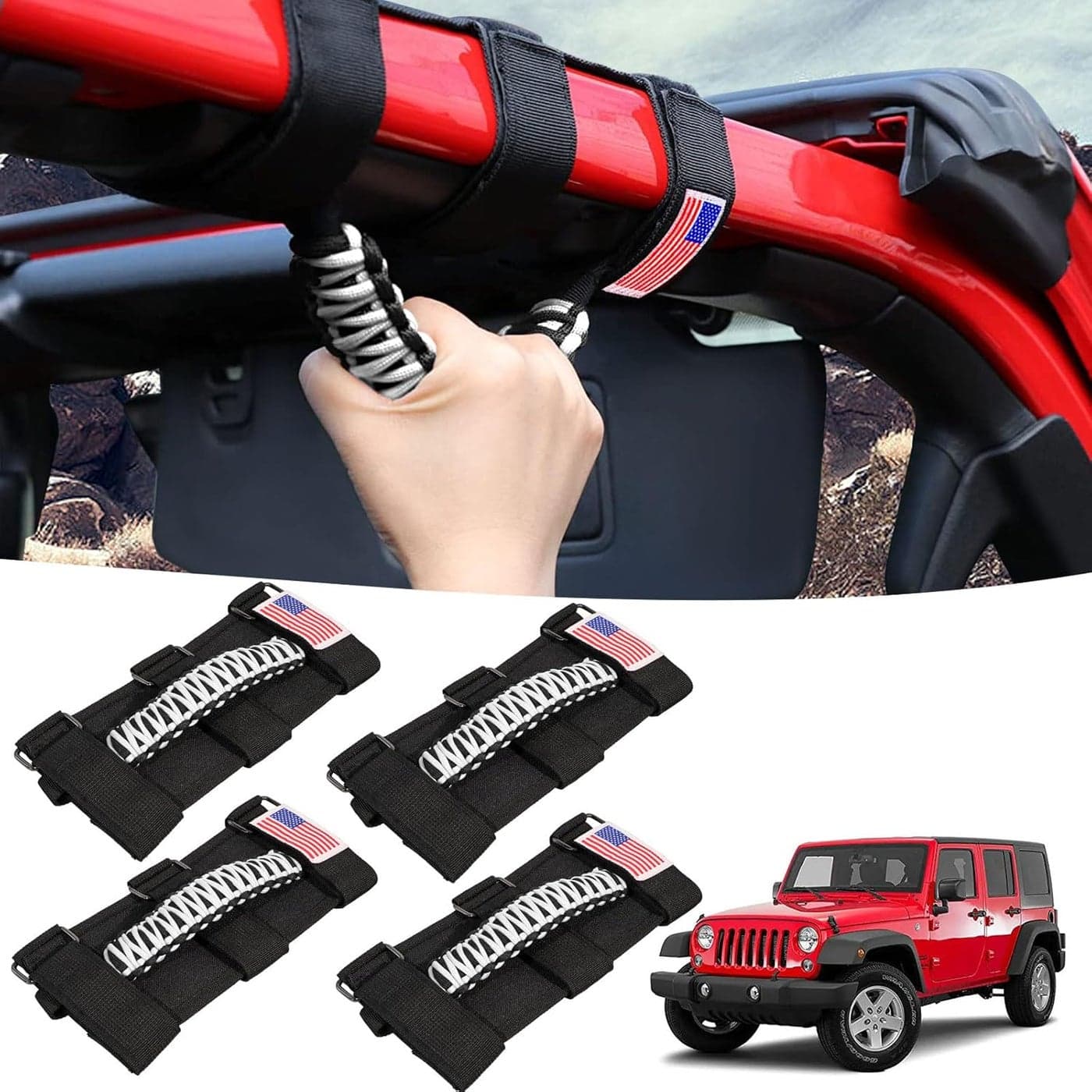 Gaizon 4 Pack Grab Handles Roll Bar Paracord Handgrip Handles with American Flag for Jeep Wrangler YJ TJ JK JL & Gladiator JT 1955-2022