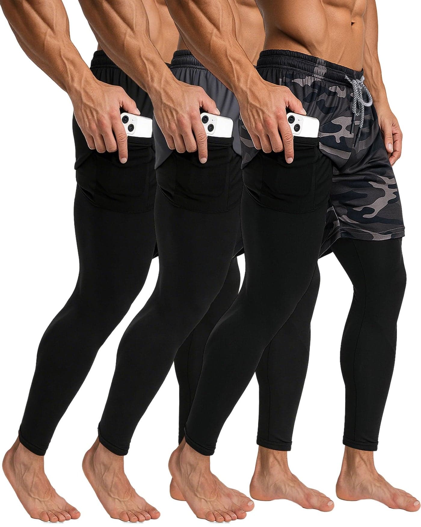Cutecrop 3 Pcs Men's 2 in 1 Athletic Running Pants Quick Dry Gym Workout Compression Pants with Pockets Towel Loop(Multicolor,XL)