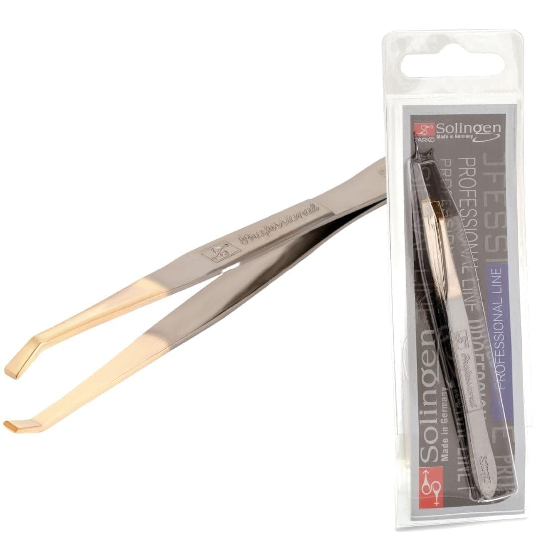 Solingen Tweezers for Eyebrows Slanted Tip Professional Stainless Steel Slanted Tip Tweezers Best Shaped for Eyebrows Extensions Chin Cheek Face Facial Hair Made in Germany NickelGold