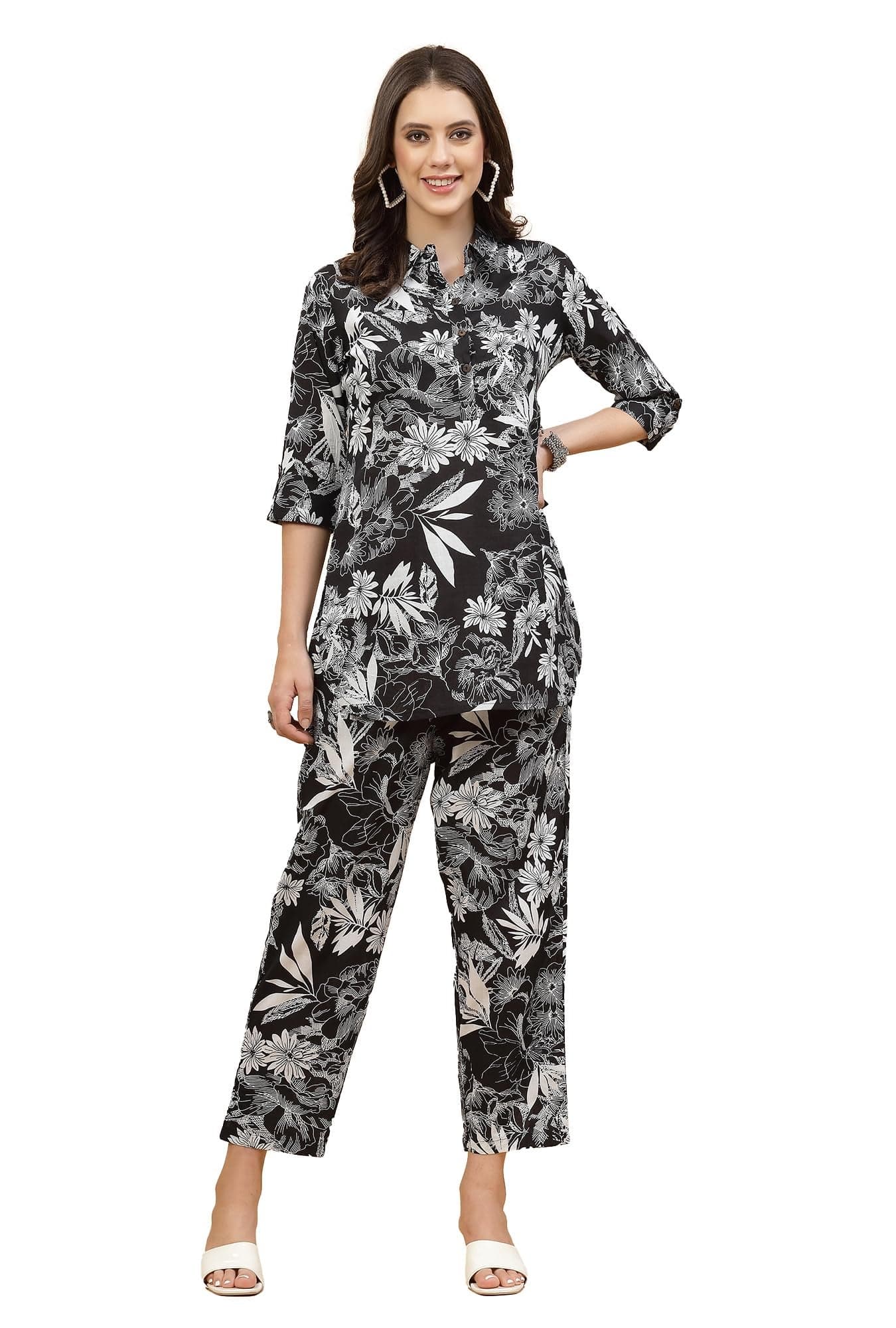 Pistaa's Women Floral Regular Pure Cotton Co-ord Set (Black, Large)