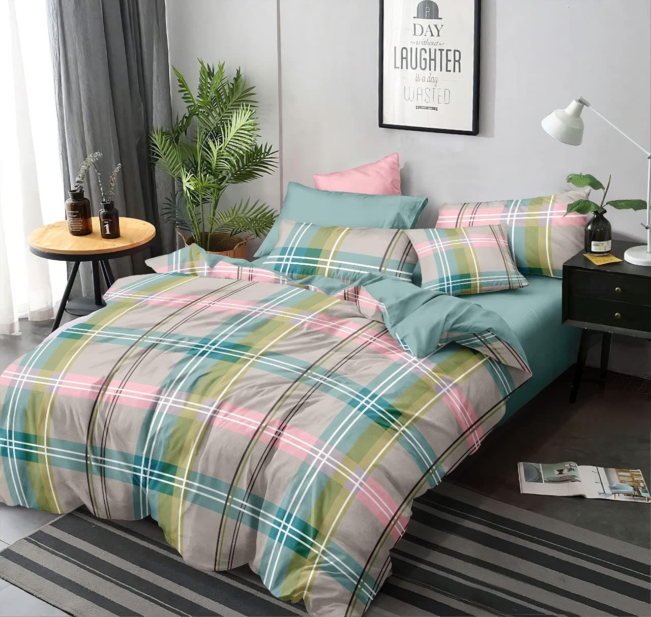 MORADO Premium Glace Cotton Checkered Design Duvet Cover - Single, Green & Pink Color with Zipper