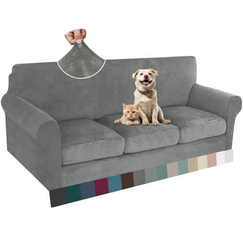 ZNSAYOTX Luxury Velvet Couch Cover 4 Piece (72"-92") Stretch Sofa Covers for 3 Cushion Couch Thick Soft Sofa Slipcover with Non Slip Strap, Dog Pet Friendly Nice Furniture Protector (Grey)