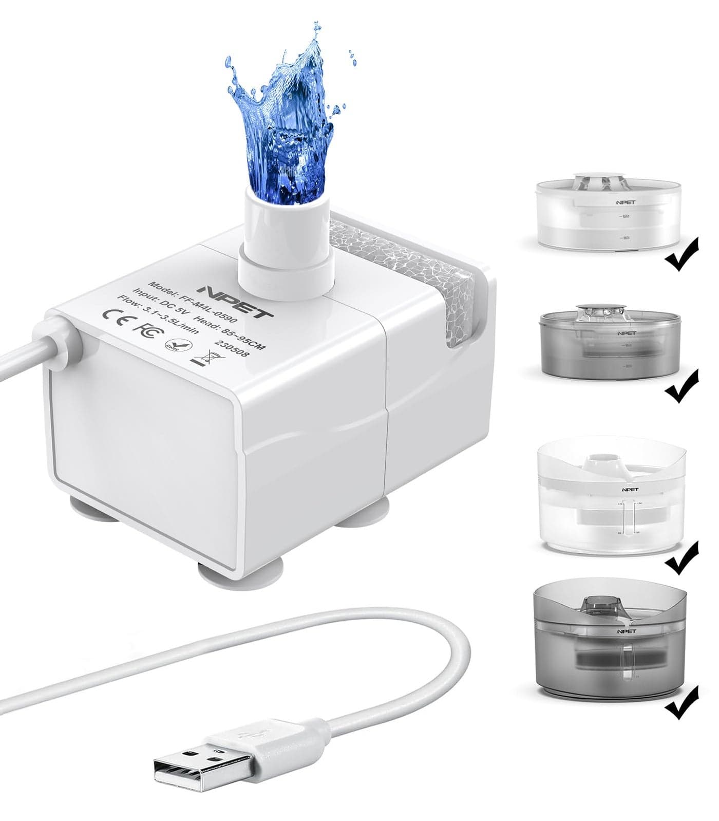 NPET DF10 Dog Water Fountain, 170oz/1.3Gallon/5L Large Automatic Pet Water Dispenser Cat Water Fountain with Cleaning Kit, Replacement Filter for Cat, Dogs, Multiple Pets (Replacement Pump)