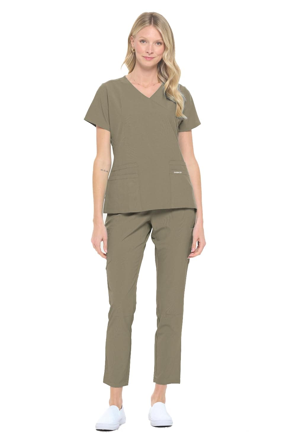 Dagacci Medical Uniform Womens Fitted 4Way Stretch Y Neck Natural Stretch Scrub Set Olive XS