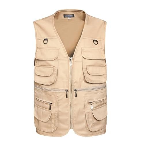 LISUHEPEAL Men’s Fishing Vest Summer Outdoor Work Safari Travel Photo Vest with Multi Pockets (S18-Light Camel,XL)