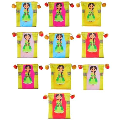Sri Yagnaa - Pack of 10 - Mehandi Design Potli Bags - Fabric Potli Bags - Women's Silk Drawstring Closure - Gift Pouches - for Return Gifting (Multi-Color)