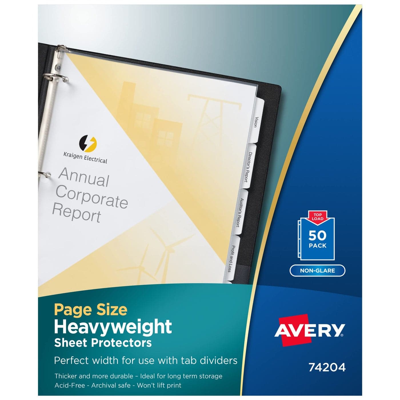 Avery NonGlare PageSize Sheet Protectors PrePunched for Use with Tab Dividers Top Load 50 Document Protectors 74204