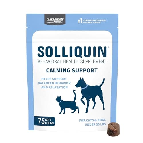 Nutramax Solliquin Calming Behavioral Health Supplement for Small to Medium Dogs and Cats - With L-Theanine, Magnolia / Phellodendron, and Whey Protein Concentrate, 75 Soft Chews