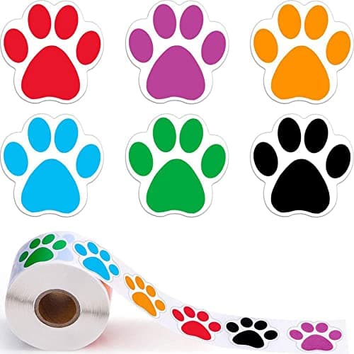 Dog Paw Print Stickers Roll of 500 Pieces 1.5Inch Colorful Red Purple Black Cute Small Puppy Paw Labels Stickers for Kids DIY Decor Party Home Room Wall Water Bottles Floor Laptop Scrapbooking (color)
