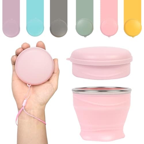 zhuzhiloono Collapsible Travel Cup with Lid (6oz/180ml) - BPA Free Silicone Folding Cup with Stainless Steel Rim - Portable Pocket Cup for Mouthwash, Pills, Hiking, Camping & Kids(Sakura Pink)