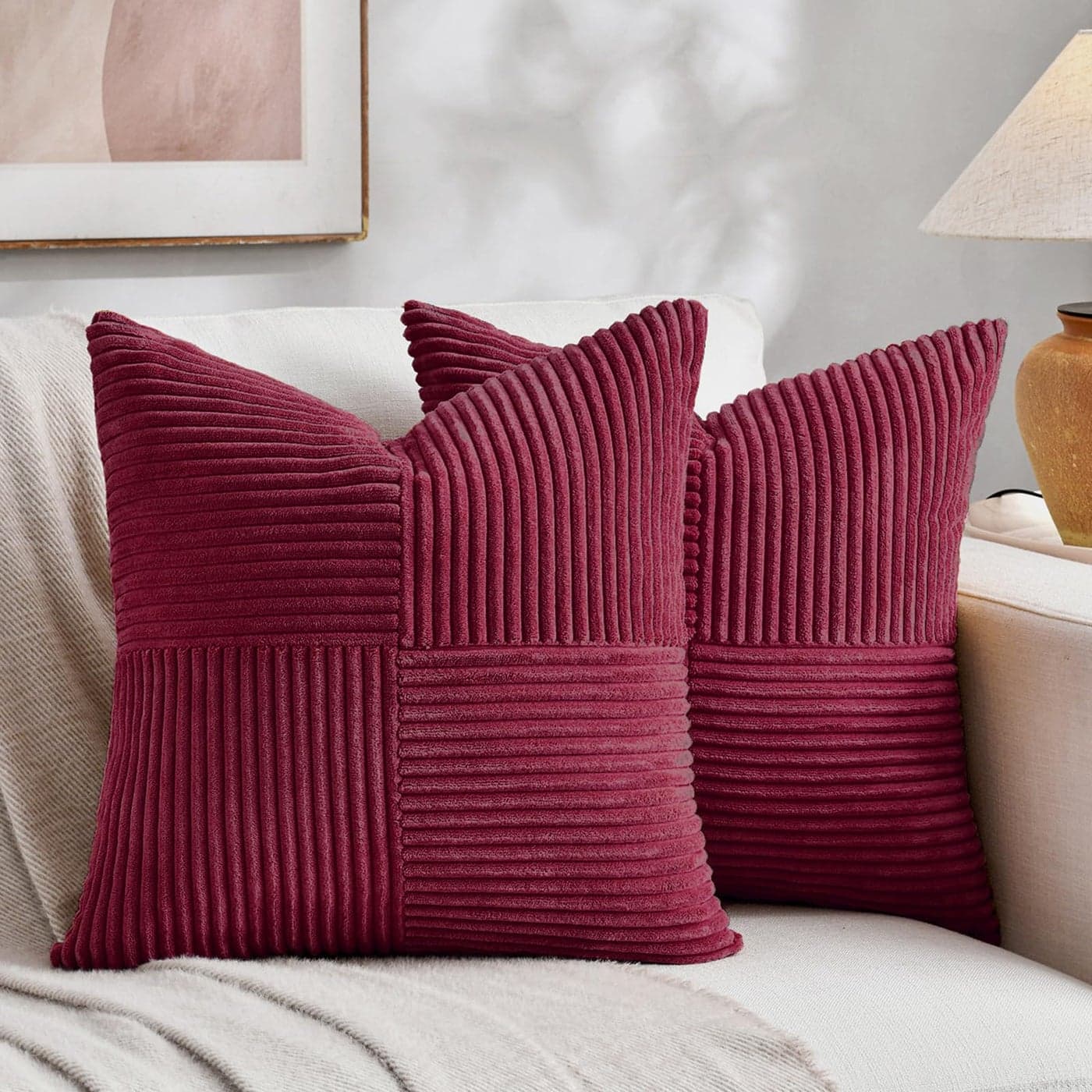 Fancy Homi 2 Packs Burgundy Red Decorative Throw Pillow Covers 16x16 Inch for Living Room Couch Bed Rustic Farmhouse Boho Home Decor Soft Corss Patchwork Corduroy Textured Cushion Case 40x40 cm