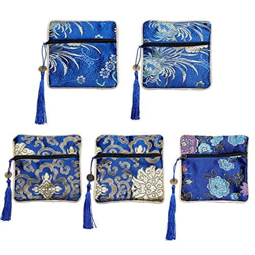 Onukaly 5PCS Jewelry Silk Purse Pouch, Chinese Silk Style Zipper Brocade Embroidered Bag for Women Coin Wallet (Deep Blue)