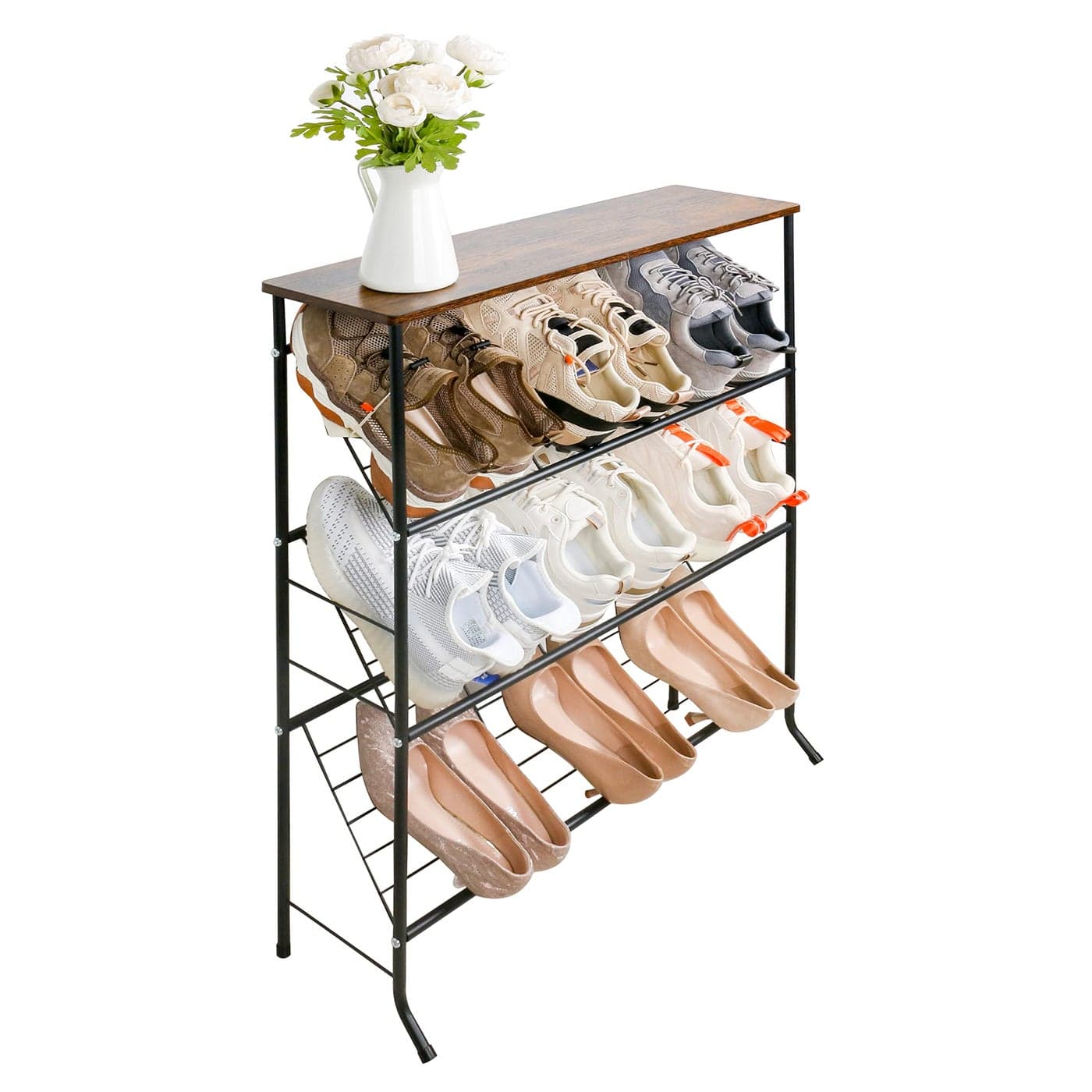 ZOES HOMEWARE Narrow Shoe Rack for Front Door Entrance4Tier Shoes Rack Storage Organizer with 3 Slanted Shelves and Top Shelf for EntrywaySkinny Space Saving Shoe Rack Black