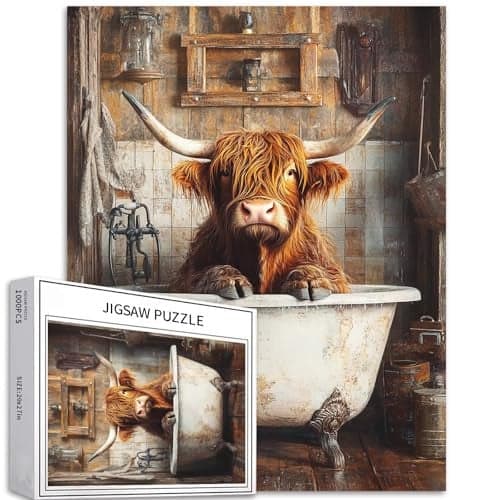 Highland Cow in Bathtub 1000 Piece Jigsaw Puzzles for Adults Rustic Bathroom Scene Art Puzzle Challenging Family Activity Games Colorful DIY Craft Puzzle for Home Decor Gifts 5070cm