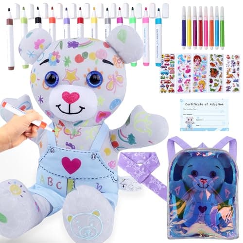 DRAWMYTOY Stuffed Animal Coloring Plush Toy with 20 Washable Markers Laser Holographic Backpack Road Trip Car Game Writing Painting Set for Girls Doodle Dolls Kids Ages 36 BirthdayBlue Bear