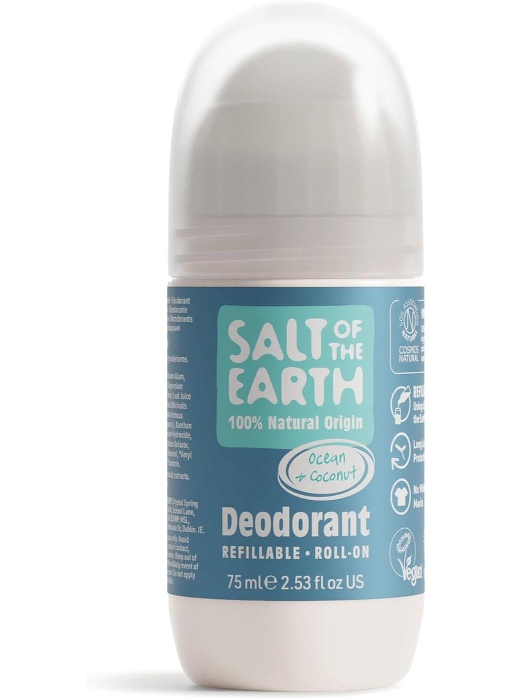 Salt of the Earth Refillable Natural Deodorant Roll On Ocean & Coconut - Effective Protection, 100% Natural ingredients, Eco friendly, Vegan, Cruelty Free. Suitable for Men, Women & Kids - 75ml | Refillable, Long-Lasting Protection, Vegan Formula with 100% Natural Origin Ingredients, Cruelty Free In