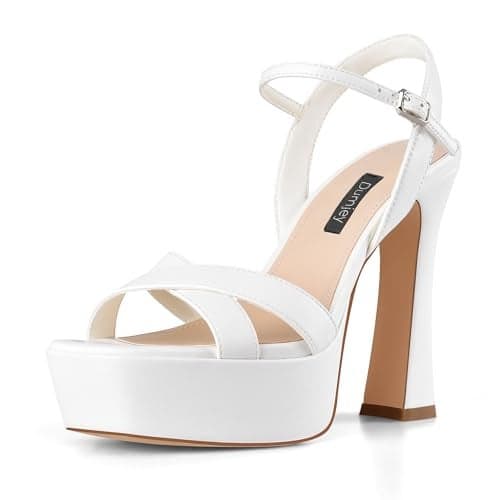 Dumjey White Platform Heels for Women Wedding Chunky High Heels Sandals with Ankle Strap, Open Toe Bridal Wedding Party Shoes - White Matte 5 US