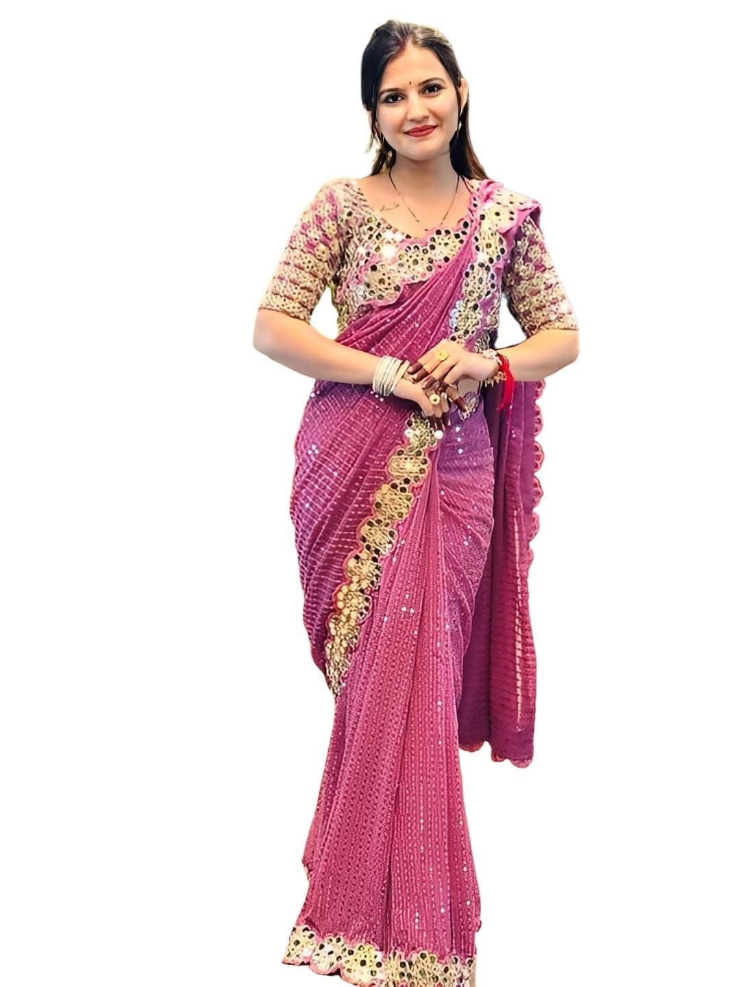 SIRIL Women's Georgette Sequence Embroidery Mirror Work Saree with Unstitched Blouse Piece (4215S386AA_Mauve)