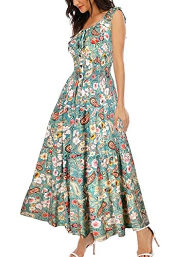 OSTOO Women's 2025 Summer Boho Floral Print Tiered Casual Flowy Long Maxi Dress(Green,XL)