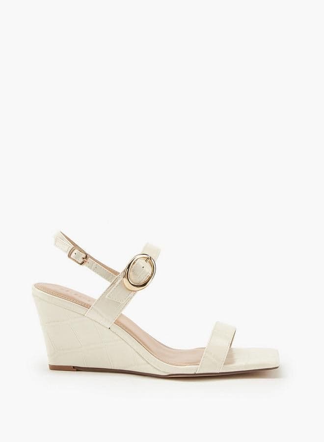 Women'S Solid Wedge Heeled Sandals With Buckle Closure