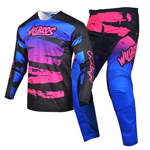 Willbros Motocross Jersey Pant Combo Men Women Motorcycle MX Gear Set Cycling Offroad Dirt Bike Adult Riding BMX ATV Pink Blue Jersey XXXL Pants 40