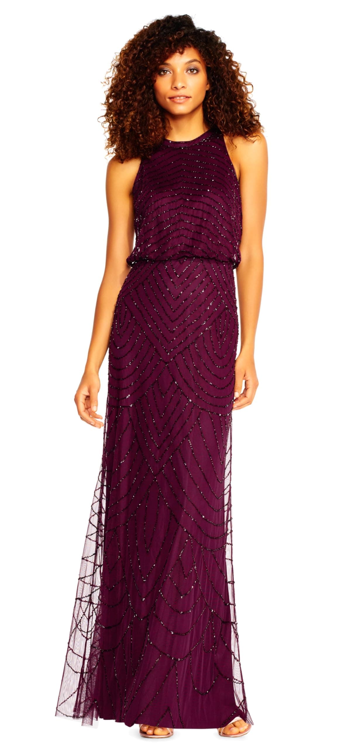 Adrianna Papell Women's Art Deco Beaded Blouson Dress with Halter Neckline, Cassis, 14