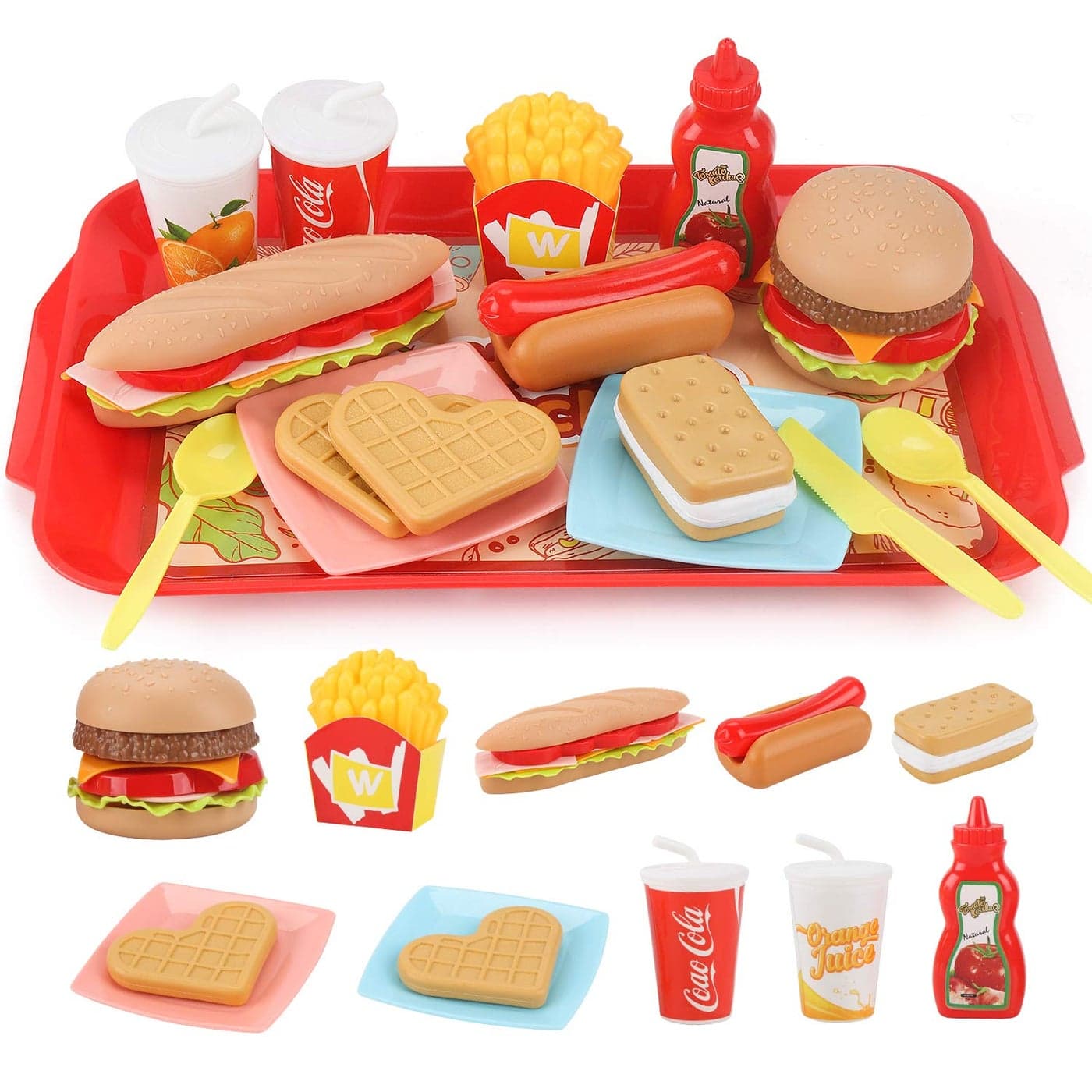Sotodik Pretend Play Food Set for Children,Removable Fast Food Playset with Tray Hamburger Hotdog Fries Combo,Play Kitchen Accessories Role Play Toys,Christmas Birthday Gift for Kids Boys Girls(15PCS)