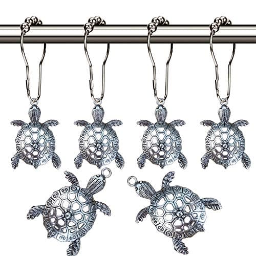 Sea Turtles Shower Curtain Hooks Rings - Silver Metal Shower Hooks for Shower Curtain, Rust Proof Shower Curain Hooks Clips Bathroom Accessories Set, Ocean Tropical Beach Theme Bathroom Decor