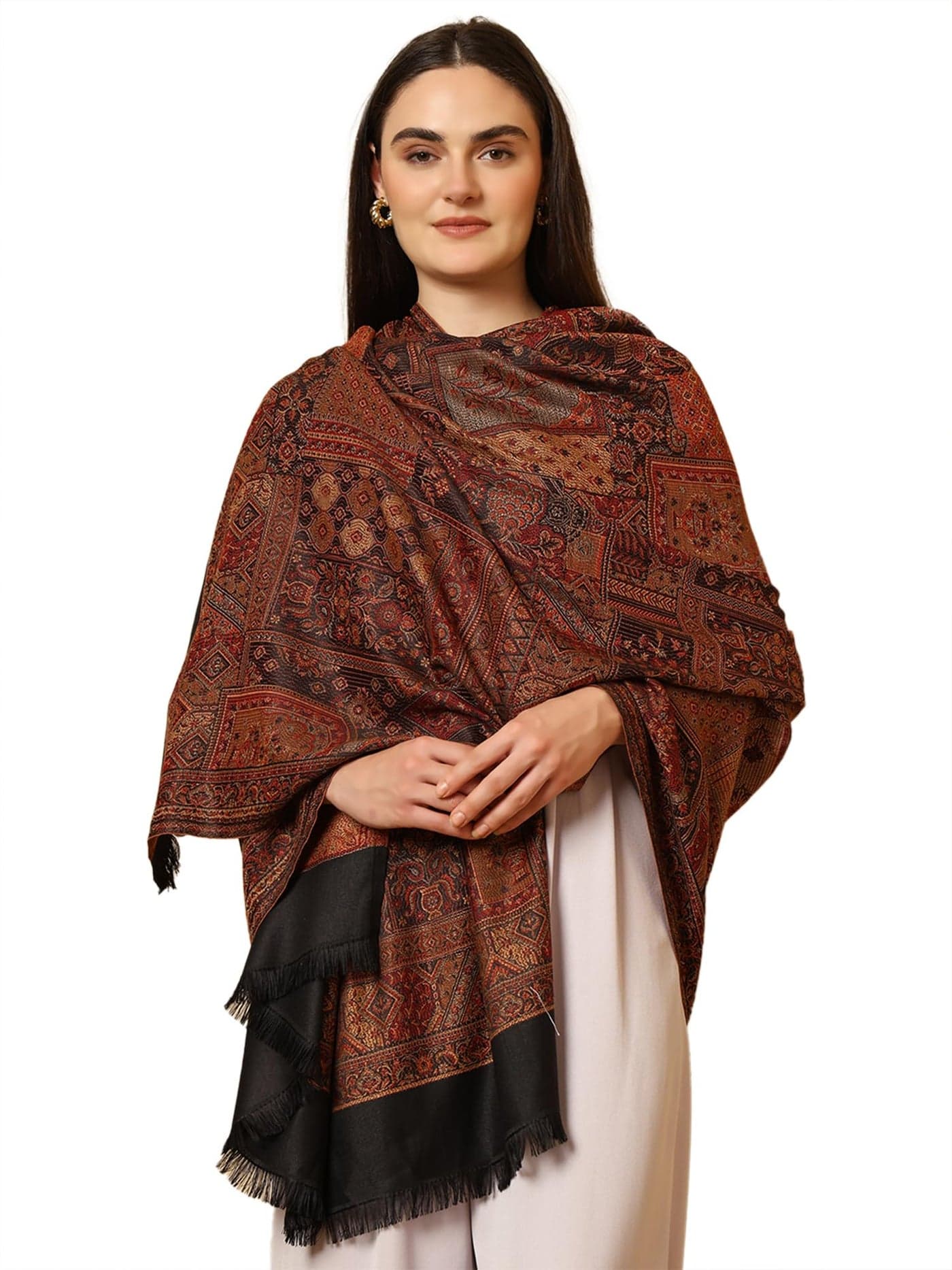 tweedle Women’s Black Jamawar Shawl, Faux Pashmina, Contemporary Patterns with Ethnic Appeal – Size 40 x 80 inches