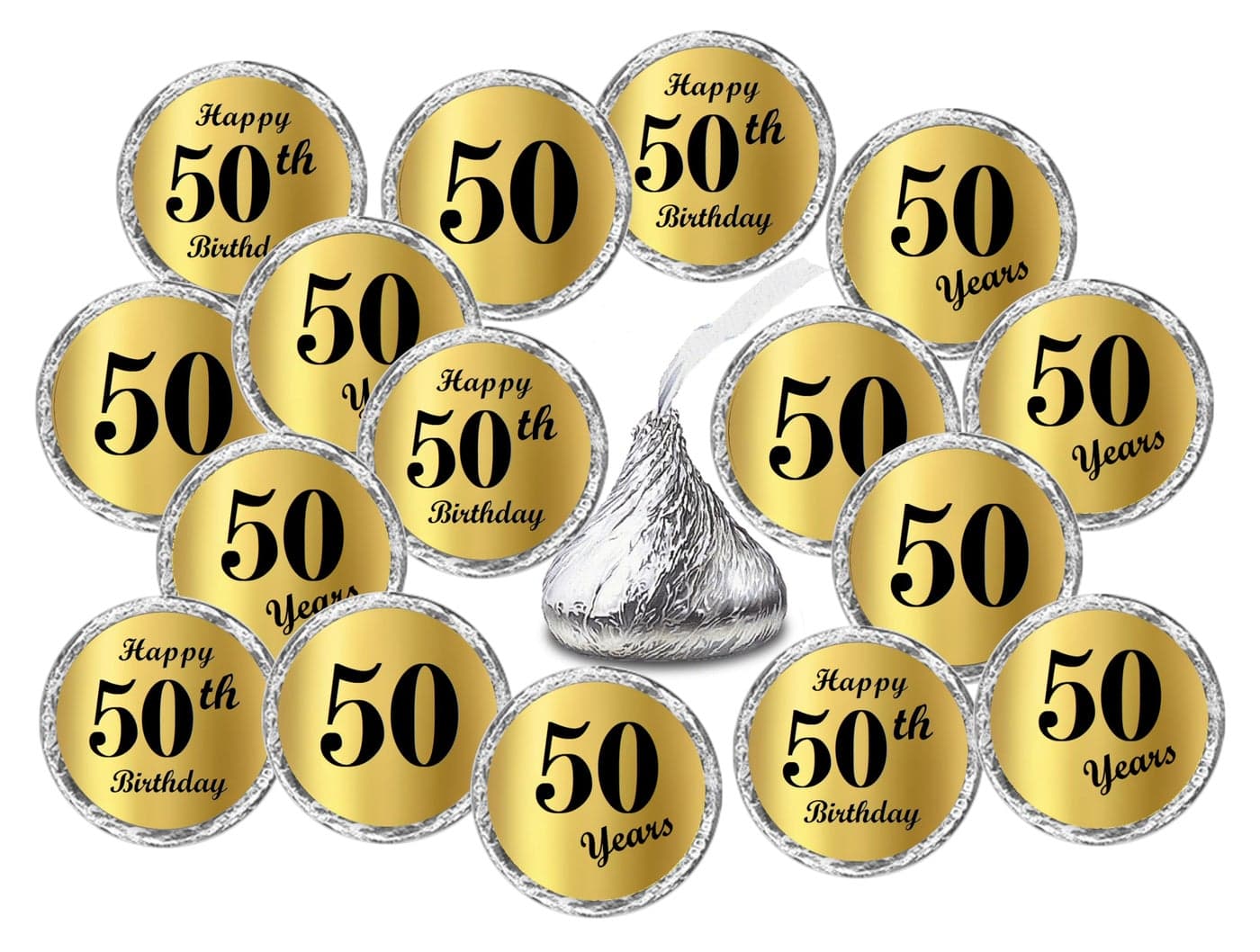 Gold Foil 50th Birthday Kisses Stickers Set of 216 Chocolate Drops Labels Stickers for 50th Birthday Party Favors Decor for Kisses Made in USA