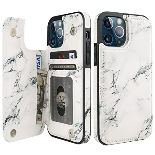 HAOPINSH for iPhone 12/12 Pro Wallet Case with Card Holder, White Marble Pattern Back Flip Folio PU Leather Kickstand Card Slots Case for Women Girls, Double Magnetic Clasp Shockproof Cover 6.1"