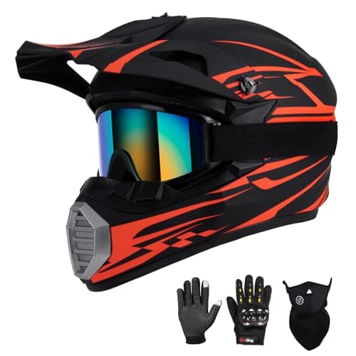 Youth Kids Motocross Helmet DOT Approved, Adult ATV Dirt Bike Off-Road Full Face Motorcycle Helmet with Goggles Gloves Mask for Boys Girls,Lightweight Breathable for Riding (Orange-Red, Small)